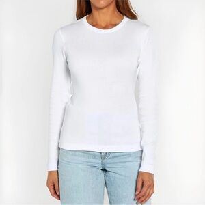 Three Dots Women Sz L Solid White Long Sleeve Top Cotton Round Neck Pullover New